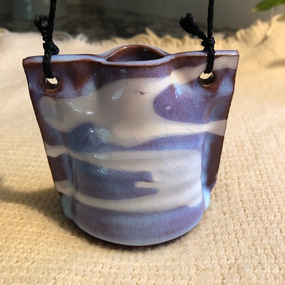 Handmade Japanese Pottery Hanging Vase - Ikebana - Brown Blue White - Picture 3 of 10